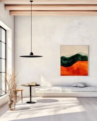 Minimalist Interior Design Featuring Modern Artwork, Bright Natural Light, Cozy Furniture Arrangement, Stylish Living Room