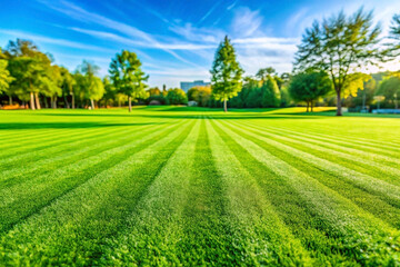 Stripped lawn, park, city backdrop, sunny day, landscaping