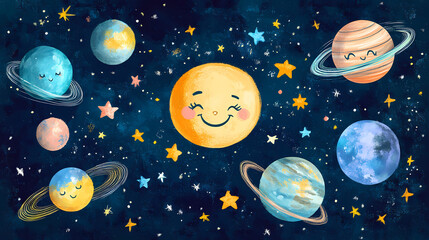 Whimsical illustration featuring smiling moon, colorful planets, and charming stars against dark blue background, evoking sense of joy and wonder. Celestial Bodies as Characters. Illustration