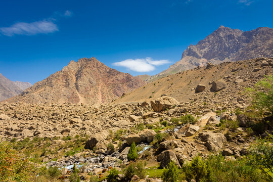 The beautiful valley of the Fann Mountains, Seven Lakes hiking trail,  Tajikistan - Powered by Adobe