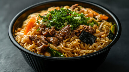 A black bowl filled with stir-fried noodles, vegetables, and beef is presented against a slate background. Captured in a close-up, top-down perspective