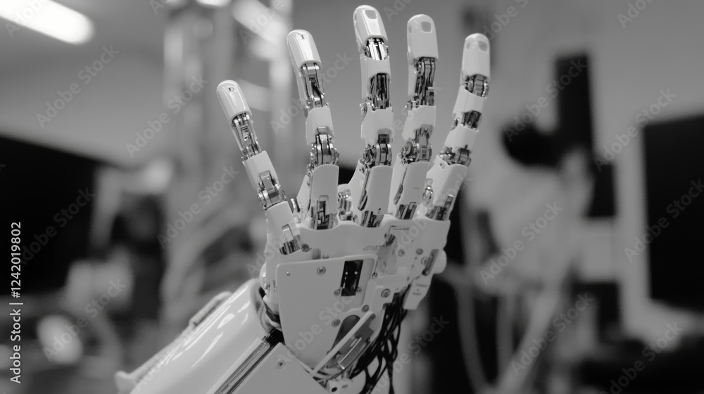 Poster detailed close-up image of a robotic hand displaying fine articulation