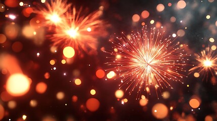 Obraz premium A vibrant display of fireworks bursting in the night sky with colorful bokeh effects.
