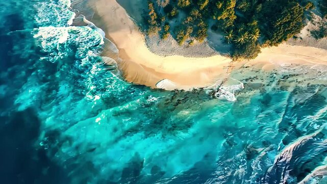 Aerial view of turquoise waves gently crashing on sandy tropical beach coastline