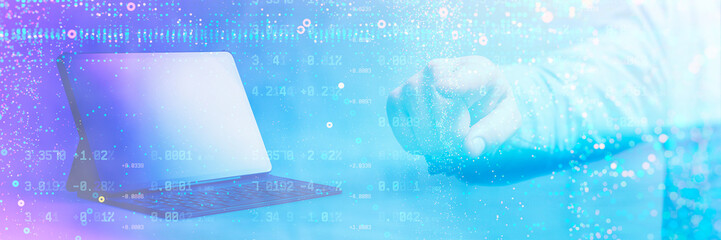 Digital Tablet surrounded by abstract numerical data with his hand reaching for the screen. Future tech, with abstract data AI, big data and business intelligence concepts.