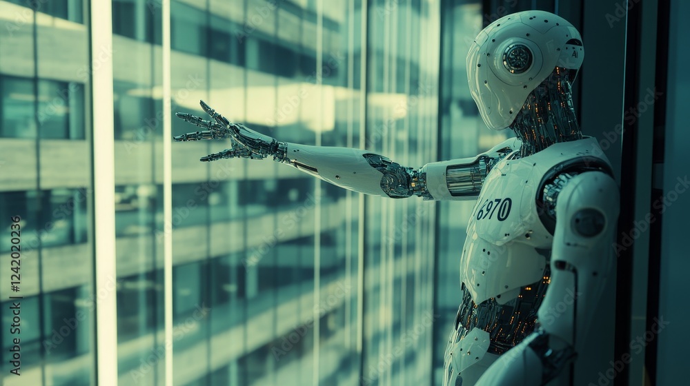 Poster set against a backdrop of space, a white stock humanoid robot stands in a highly technological futur