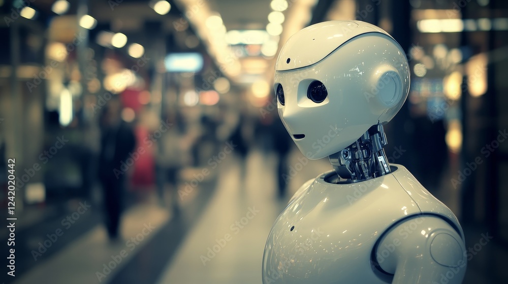 Poster a close-up shot of a white humanoid robot with a digital display on its visor helmet, in front of a 