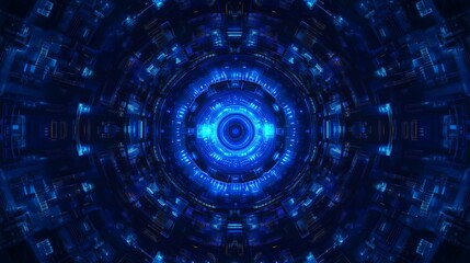 Fototapeta premium A detailed modern digital illustration of an AI chip viewed from the top, set on a blue technology-themed background. The light blue microchip has an abstract circuit board design that emphasizes