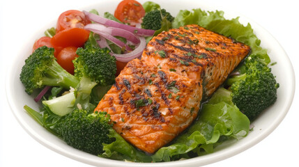 A nutritious meal featuring a grilled salmon fillet paired with a vibrant green leafy salad, tomatoes, red onion, and broccoli. A healthy, ketogenic-friendly lunch captured from a top-down perspective