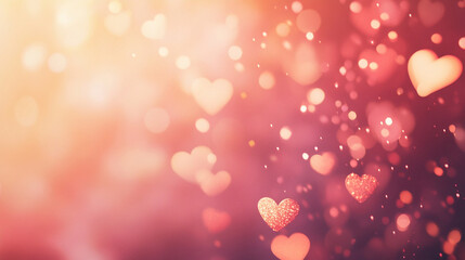 Dreamy golden bokeh heart-shaped light flares scattered in a warm romantic ambiance, creating a soft blurred effect with a nostalgic atmosphere
