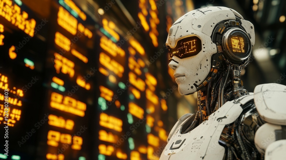 Poster a robot from the future, positioned before a wall of data, uses its intelligent mind to analyze and 