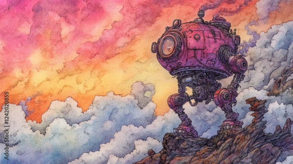 Poster a joyful and creative rendering of a retro robot with enlarged eyes, framed by an energetic splash b