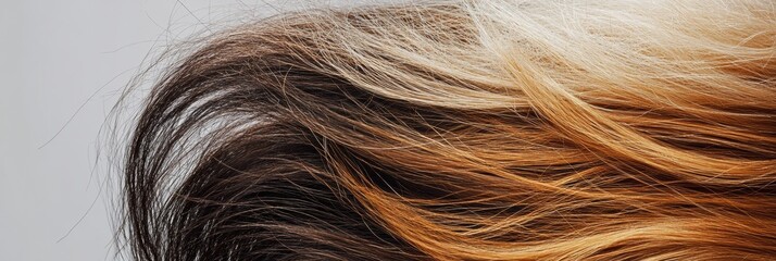 Naklejka premium Comparison of damaged dull hair strands versus shiny healthy hair showcasing contrasting textures in close up view. Generative AI