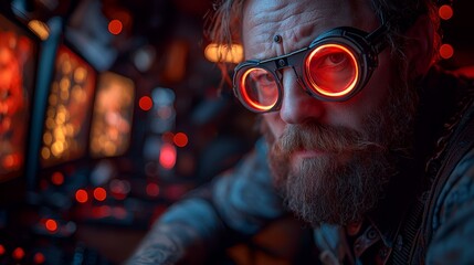 Bearded gamer intense focus red-lit room gaming setup