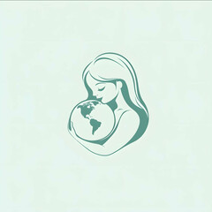 Flat minimalist vector logo of a woman holding a world globe with both arms the globe resting close to her chest Solid filled shapes one color no outlines soft