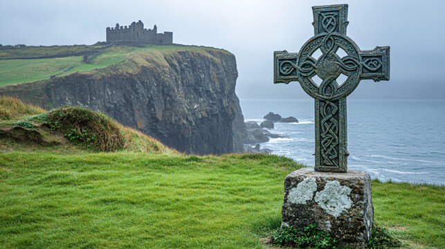 Color image, Celtic cross, Ireland, castle, Gothic, cliffs - Powered by Adobe
