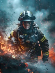 Fototapeta premium Firefighter Bravery woman fights through Fire and Smokes Emergency Action