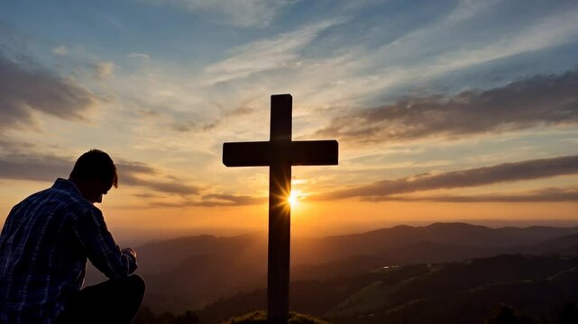 man kneeling praying under the cross, stock footage
