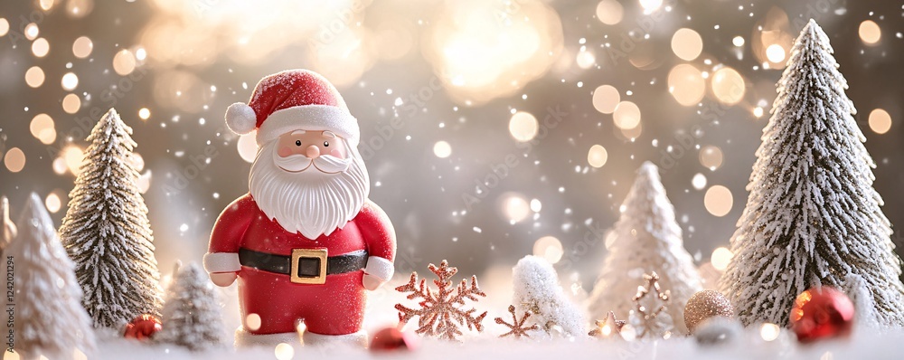 Poster santa claus figurine standing in a snow covered forest scene with christmas trees and ornaments with