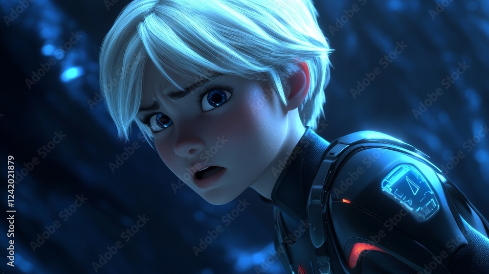 Poster a profile shot showcases a captivating robot with a female appearance, placed against a dark setting