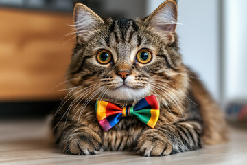 Cat in Rainbow Bow Tie Looking Alert