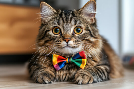 Cat in Rainbow Bow Tie Looking Alert