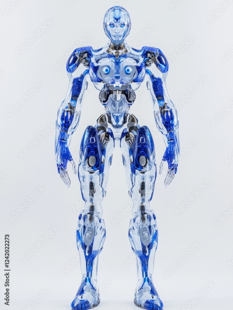 Poster with clear surfaces and sharp angles, a 3d crystal robot is placed on a white background, illuminati