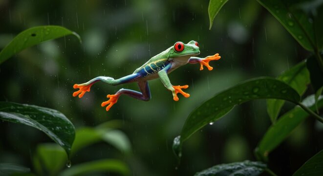 Red eyed tree frog leaping through rain