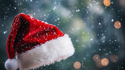 Red santa claus hat covered with snow falling on blurred background with bokeh effect