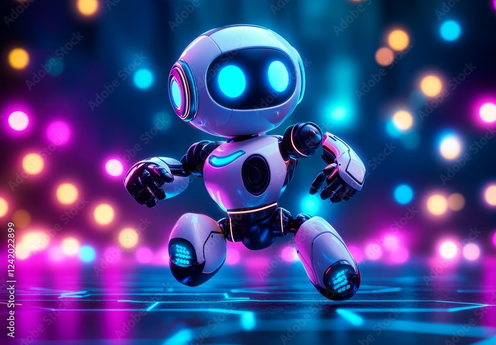 Poster A small, white and gold robot with a friendly face glides across a stage illuminated by multi-colored lights.