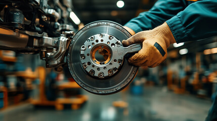 Photo of a mechanic carefully installing a new brake on a car, demonstrating brake replacement and automotive maintenance in a professional workshop.