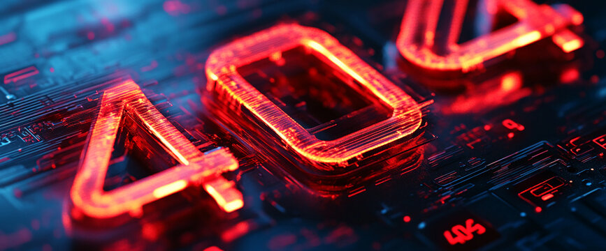 Close-up of a futuristic glowing "404" error code symbolizing a website not found, displayed on a dark background with digital circuitry and neon lights, representing online issues.
