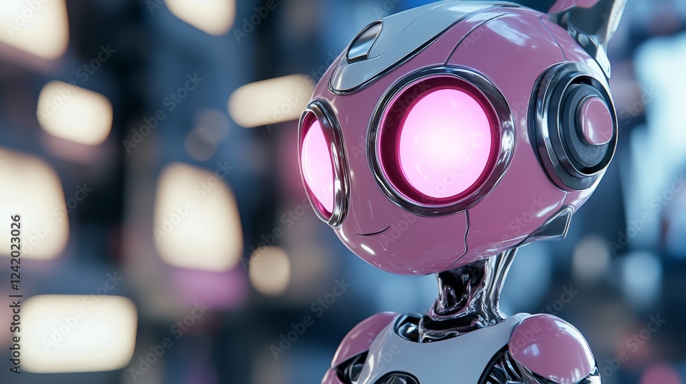 Poster a close-up image of a sleek robot with glowing eyes and encased in pink armor.
