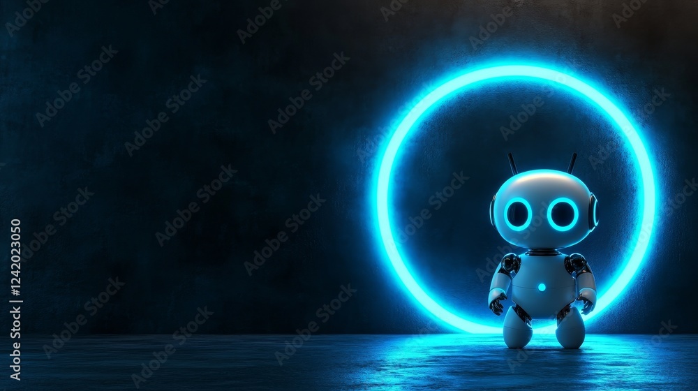 Poster a light blue neon portal is the focal point, with a 3d abstract digital ai robot floating above it i