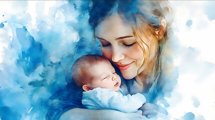 A happy young mother holds a newborn baby in her arms blue watercolor palette