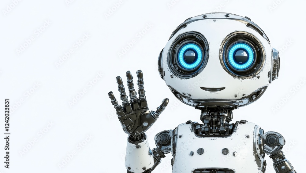 Poster a futuristic, little robotic man with a shiny, tech-savvy eye serves as an assistant, blending 3d ar