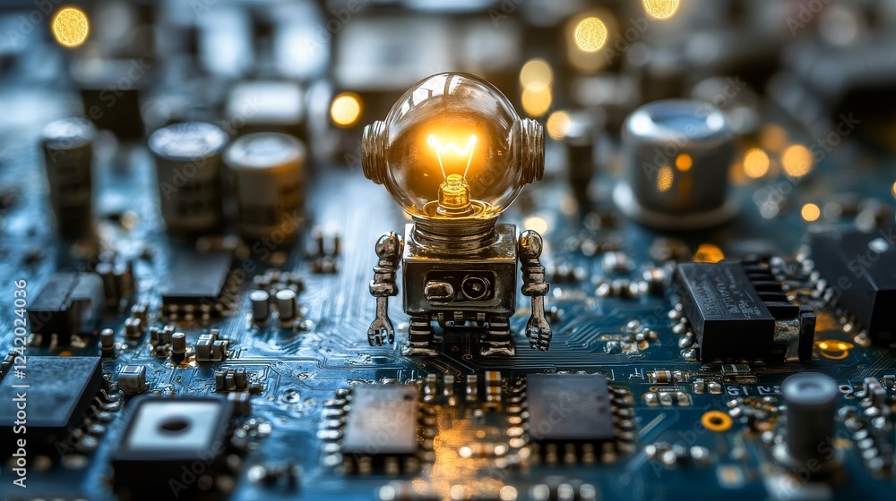 Poster a robot sits on a circuit board, complete with a light bulb on its head, in the midst of electronic 