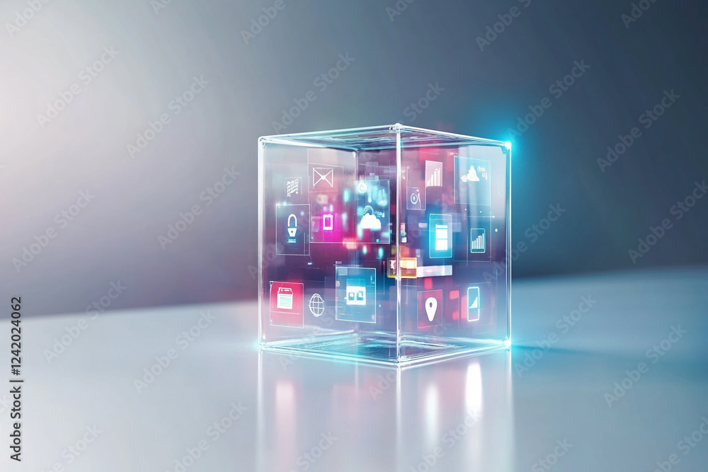 Poster A futuristic transparent cube displaying glowing icons, representing digital media, data, and technology concepts in a connected and modern virtual world.