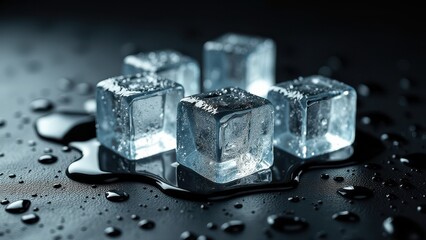 Melting ice cubes on a reflective dark surface with water droplets and condensation	