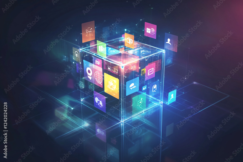 Poster A digital transparent cube filled with colorful, glowing icons representing various technology and internet concepts such as communication, data, and global networking.
