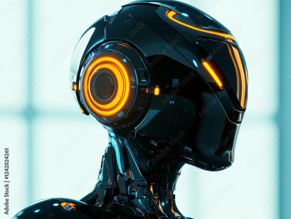 Poster a close-up view of a futuristic robotic head adorned with a glowing visor and fine, detailed feature