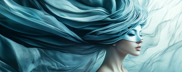 Beautiful woman with closed eyes wearing mask posing with flowing silk fabric