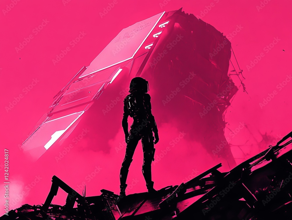 Poster in the twilight, a single robot is positioned in an empty landscape, surveying the imposing, glowing