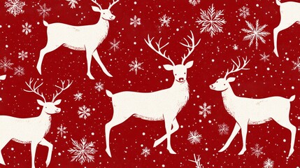 Christmas reindeer in a seamless pattern on a red snowy background