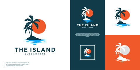 Simple summer vacation logo, with palm trees and beach island concept, graphic design vector.