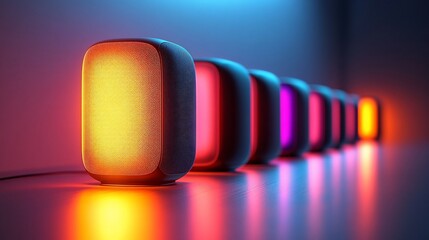 Colorful smart speakers lined up on a reflective surface, creating a vibrant atmosphere in a modern room
