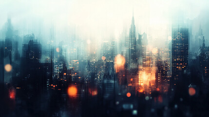 Misty futuristic cityscape with towering skyscrapers, enveloped in a mysterious blue haze, creating a cinematic and dramatic urban skyline perspective