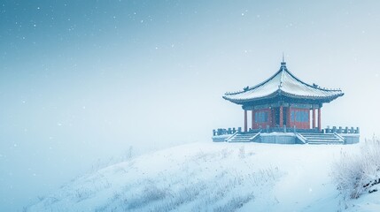 Fototapeta premium Tranquil winter landscape a snowcovered pagoda at dusk