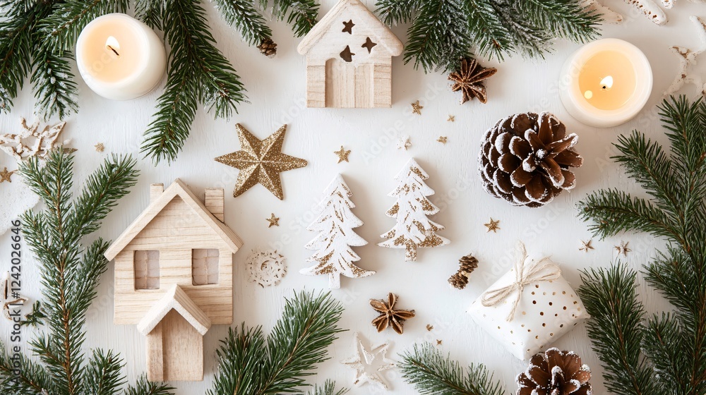 Poster christmas decorations forming a frame on a white wooden background with copy space in the center