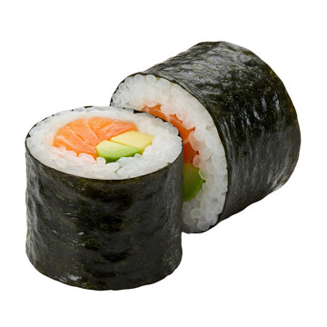 Isolated fresh salmon maki sushi rolls, a gourmet Japanese seafood meal